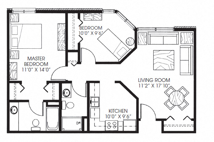 Floor plan for 2 beds, 2 baths, 836 sqft